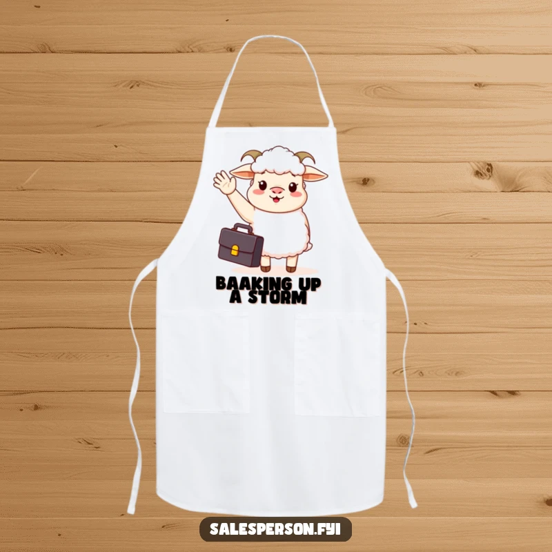 Funny apron with a sheep in a suit holding a briefcase and waving hello, perfect for culinary tasks with a smile.