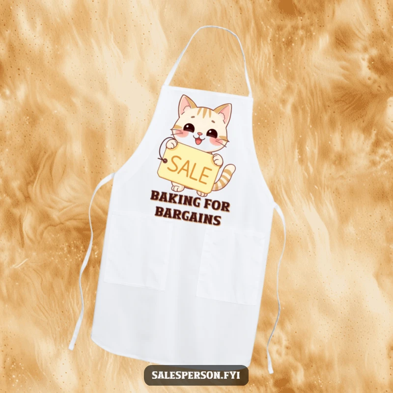 Funny kitchen apron with a happy cat holding a price tag indicating a big SALE.