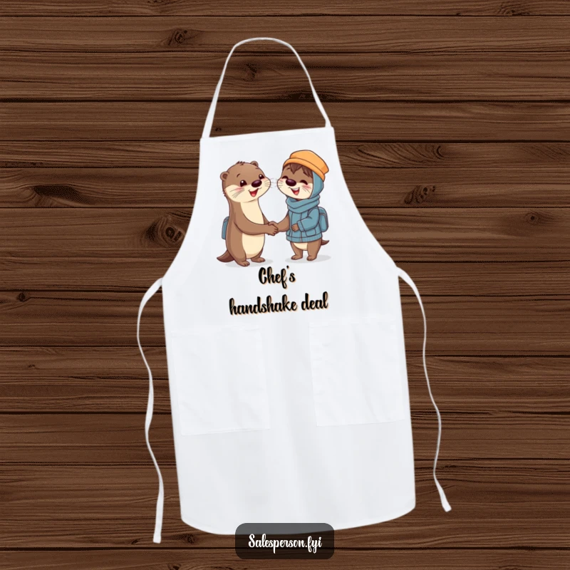 Funny Apron depicting a smiling otter shaking hands with a delighted customer, perfect for kitchen duties with a professional, humorous touch.