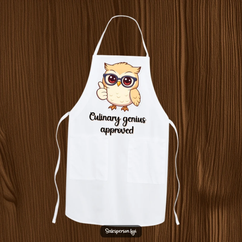 Funny owl chef wearing glasses and an apron, smiling and giving a thumbs up while cooking.