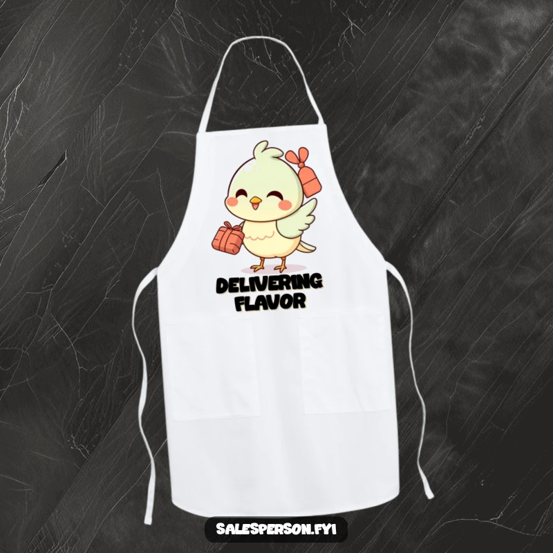 Funny apron with a cheerful bird smiling and handing over a small bundle, adding joy to kitchen tasks.