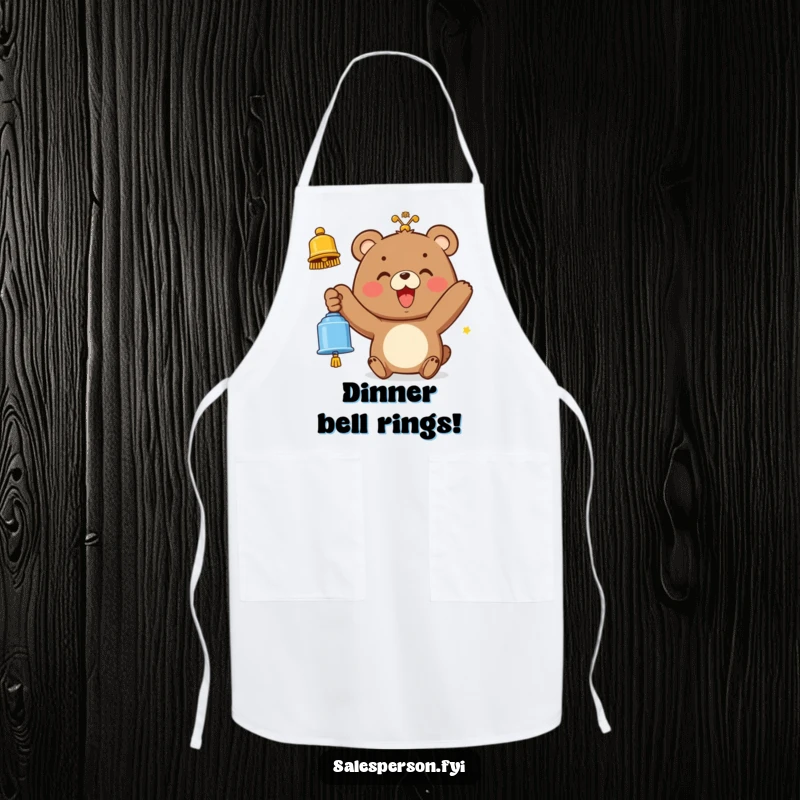 Funny apron with a smiling bear ringing a bell with a wide smile, perfect for cheerful kitchen tasks.