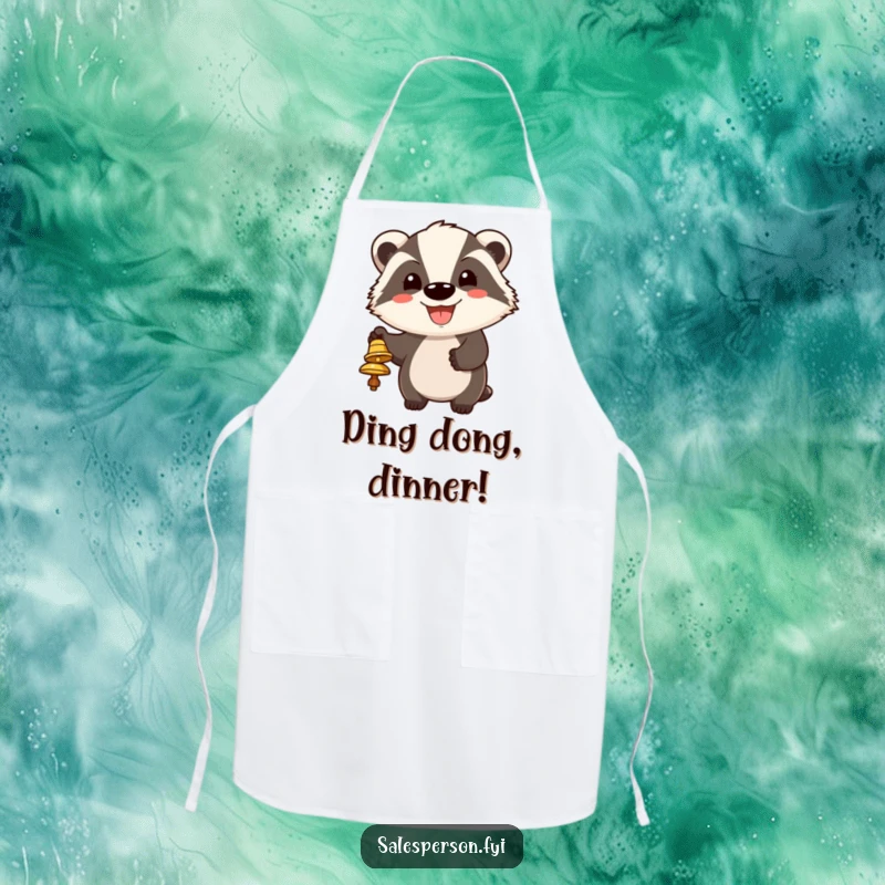 Funny apron featuring a cheerful badger ringing a bell, its big grin adding a humorous touch to kitchen tasks.