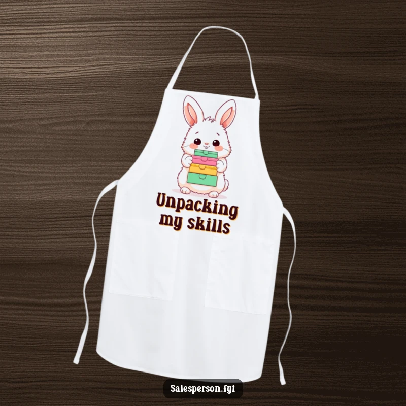 Funny Bunny Apron: A happy fluffy bunny proudly showing a stack of colorful boxes, ideal for humorous kitchen activities.
