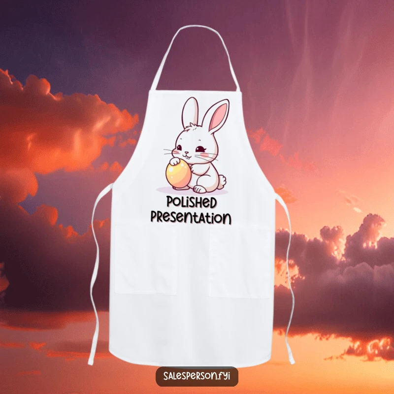 Funny Bunny Polishing Apron: Determined bunny polishing a bright shiny object, kitchen accessory.