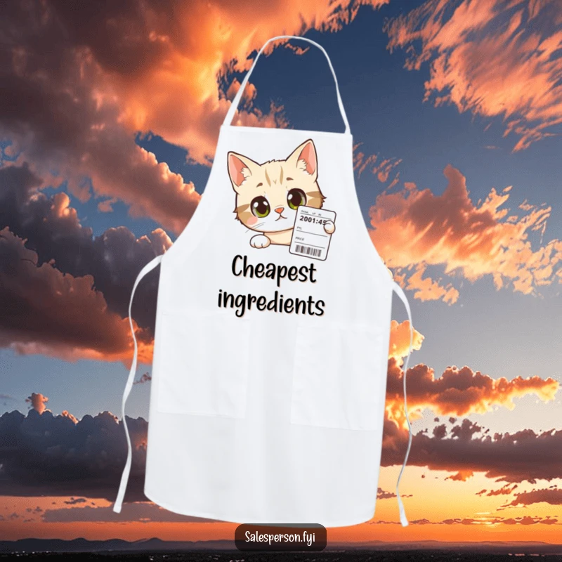 Funny Cat Apron: A curious cat with wide eyes peers at a price tag, ideal for humorous cooking.