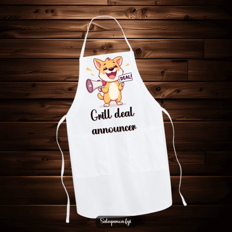 Funny Dog Deal Apron: Happy dog excitedly announcing a deal with a megaphone, kitchen accessory.