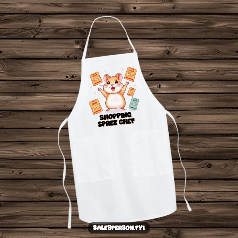 Funny apron with a determined hamster expertly juggling an assortment of sale flyers, ready for kitchen adventures.