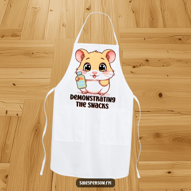 Funny apron with a curious hamster demonstrating a product with wide eyes, adding enthusiastic humor to kitchen tasks.