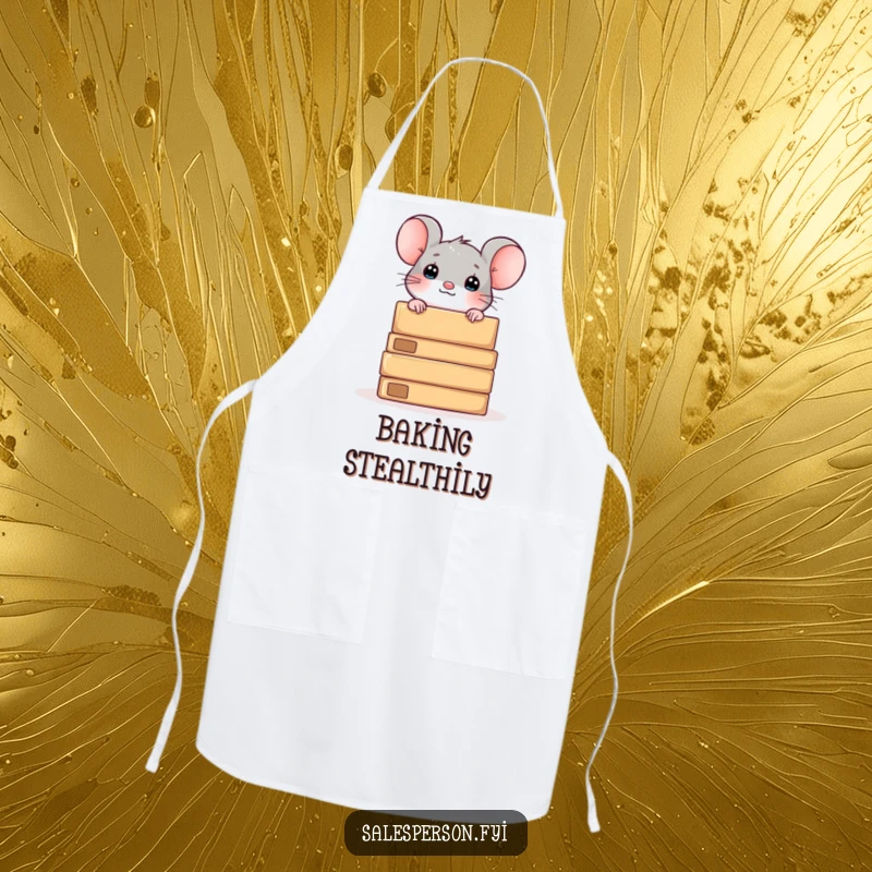 Funny apron with a curious mouse peeking from behind boxes, adding playful charm to kitchen tasks.