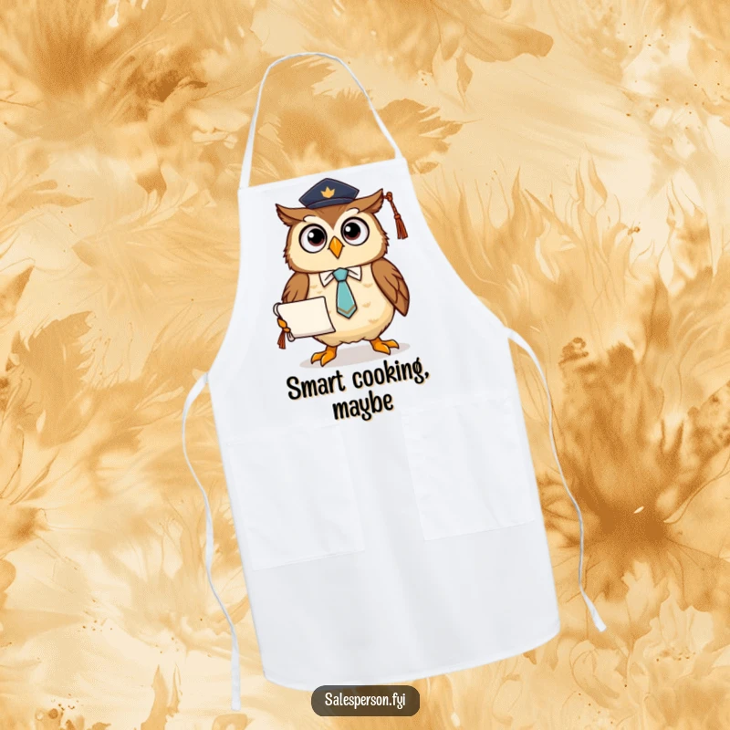 Funny apron with a proud owl wearing a tie and holding a diploma scroll, adding academic humor to kitchen tasks.