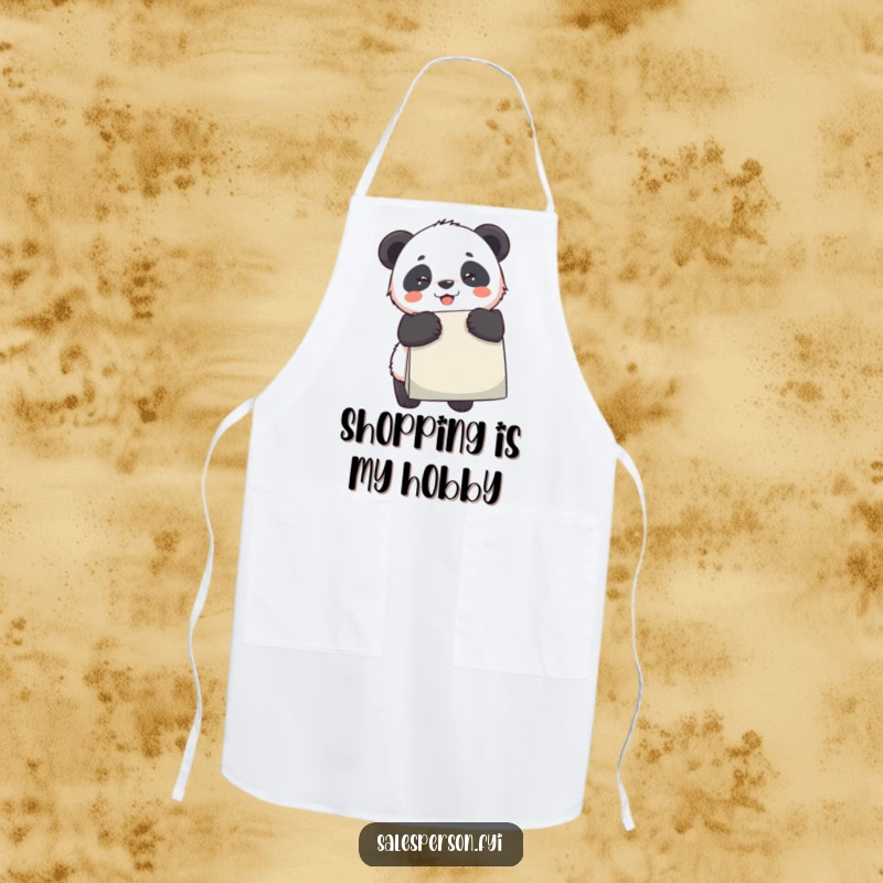 Funny Panda Apron, a panda joyfully holding a shopping bag, perfect for kitchen fun and gifting.