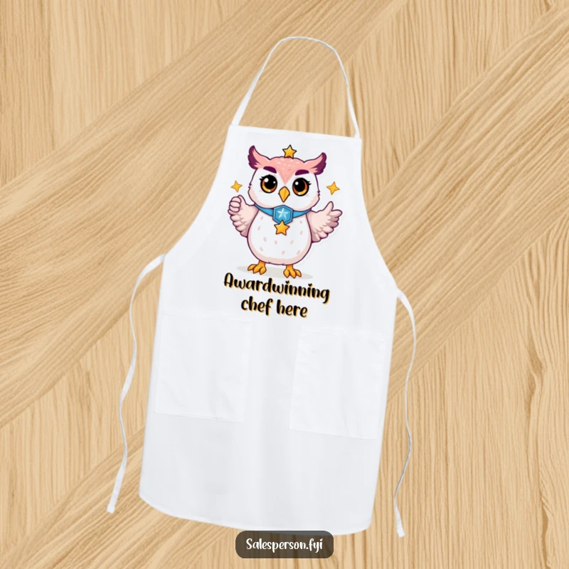 Funny apron showcasing a proud owl with its badge, pointing towards a golden star, ideal for kitchen tasks with a motivational touch.