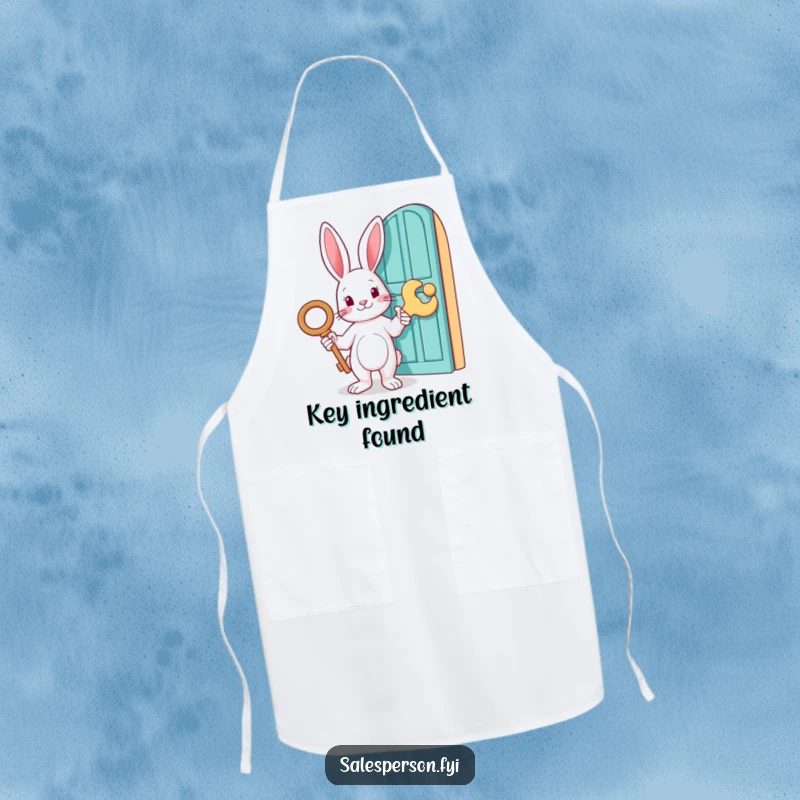 Funny apron featuring a rabbit holding a large key and pointing to a door, perfect for kitchen use, a unique funny gift for cooks.