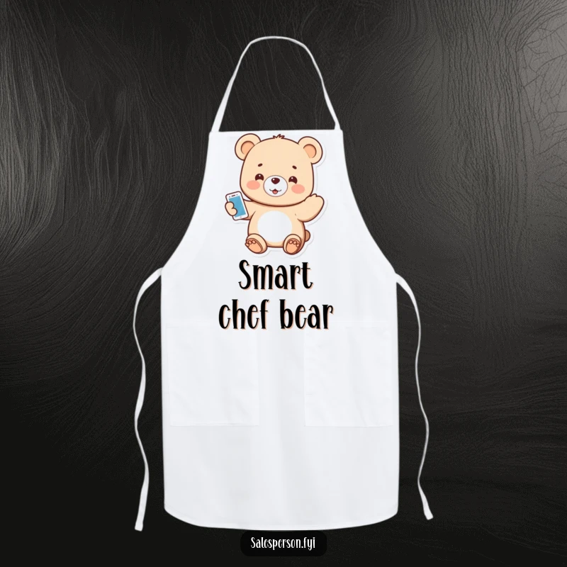 Funny apron featuring a small bear enthusiastically presenting a shiny new gadget.