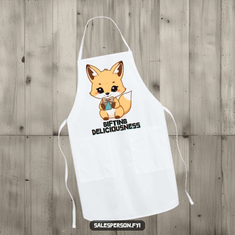 Funny Fox Bowtie Gift Apron: Playful fox in a bowtie presenting a gift, kitchen accessory.