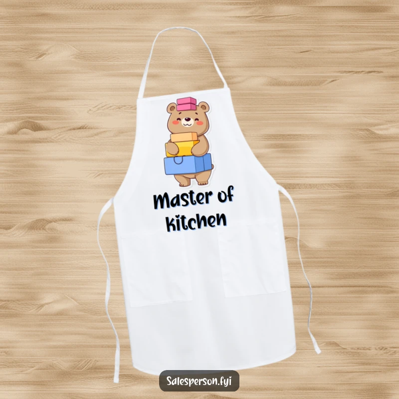 Funny apron featuring a confident bear grinning while balancing a stack of colorful boxes, ready for culinary feats.