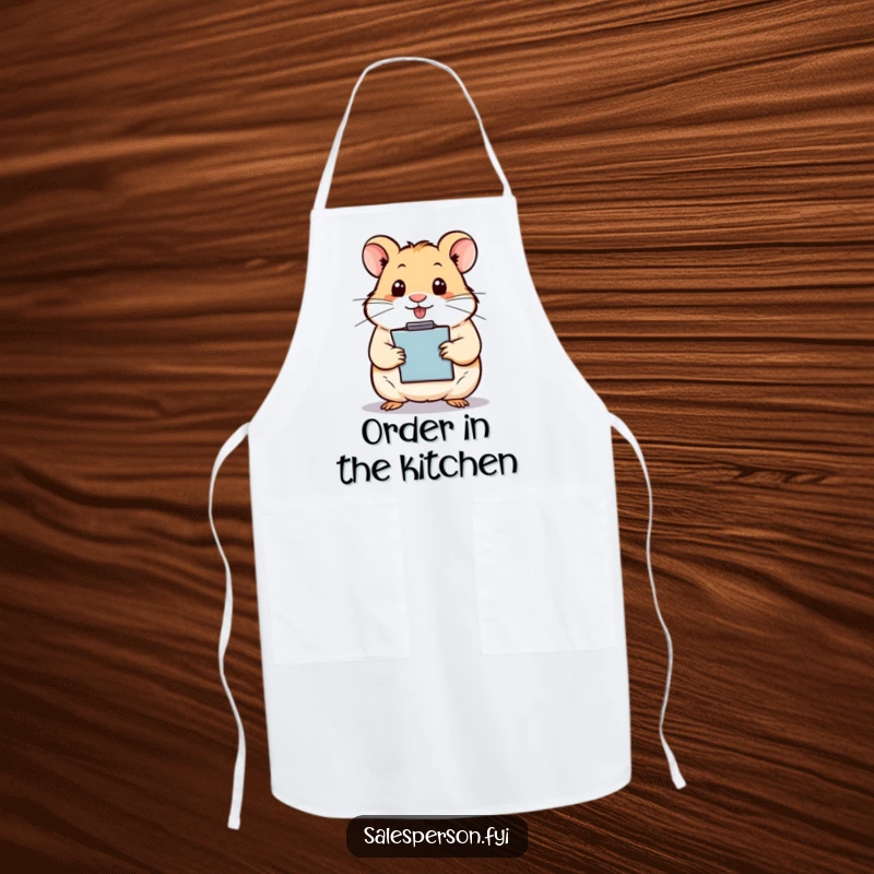 Funny hamster chef wearing an apron and hat, holding a clipboard to organize recipes, on a kitchen apron.