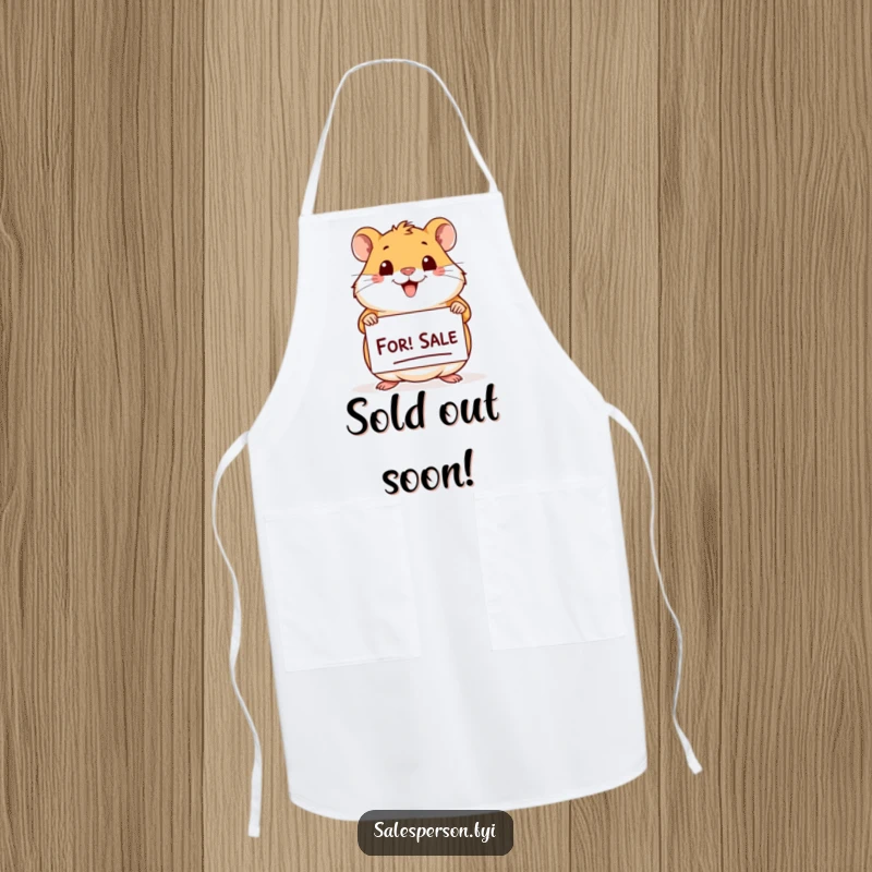 Funny Hamster For Sale Apron: Cheerful hamster with a big smile holding a 'For Sale' sign, kitchen humor.