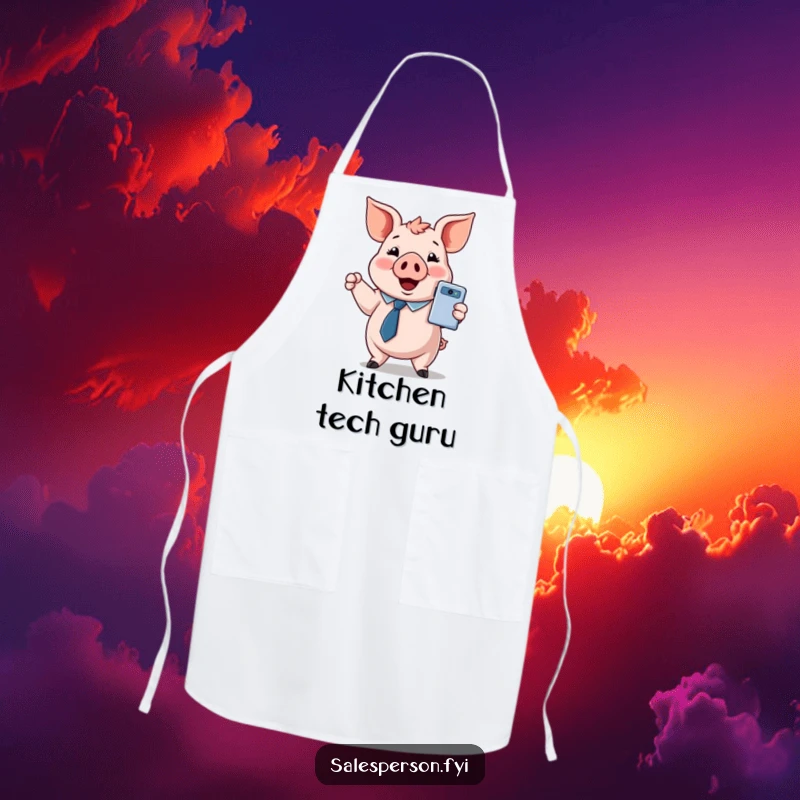 Funny apron with a pig in a tie, happily presenting a shiny gadget, perfect for cooking with a tech twist.