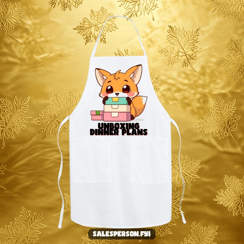 Funny fox apron featuring a surprised fox with wide eyes looking at colorful boxes. Whimsical kitchen wear for the curious cook.