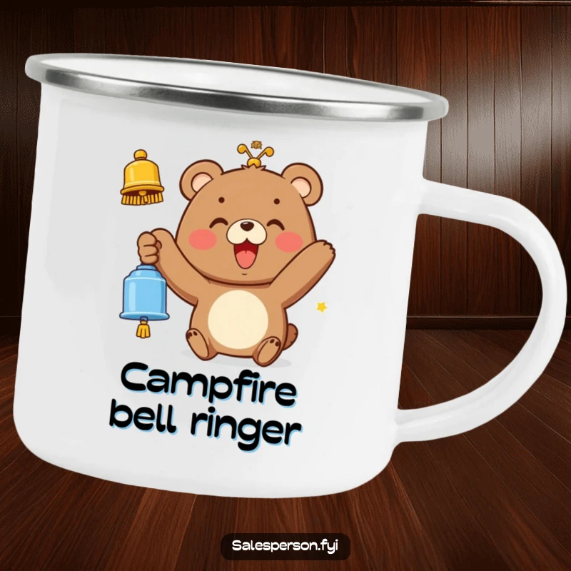 Funny camping mug with a bear with a wide smile, ringing a bell, perfect for cheerful outdoor enjoyment.