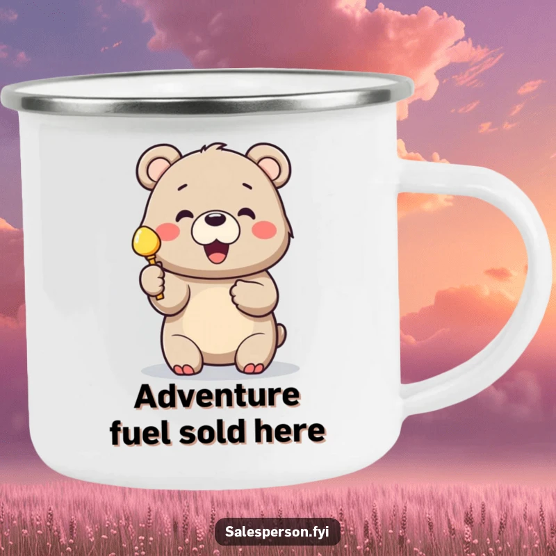 Funny camping mug with a cheerful bear holding up a shiny object, perfect for outdoor enthusiasts.