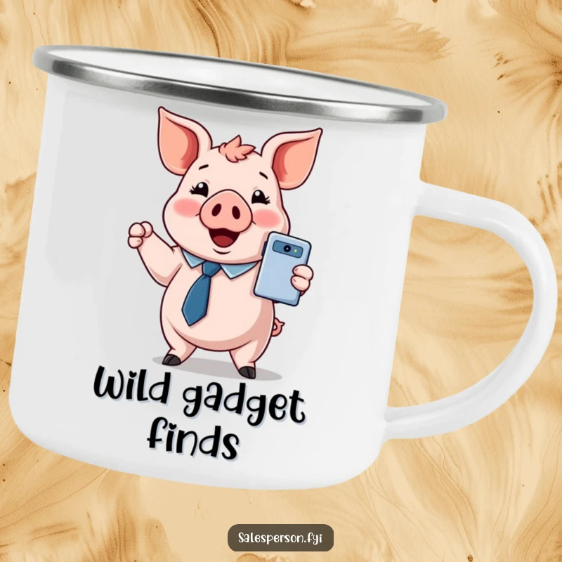 Funny camping mug with a pig in a tie, presenting a shiny gadget, perfect for enjoying drinks outdoors.