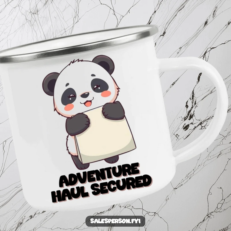 Funny Panda Camping Mug, a panda beaming with a shopping bag, suitable for outdoor adventures.
