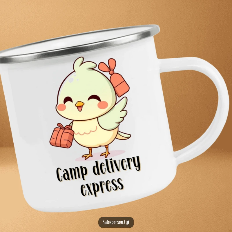 Funny camping mug with a cheerful bird smiling and holding a small bundle, perfect for outdoor adventures.