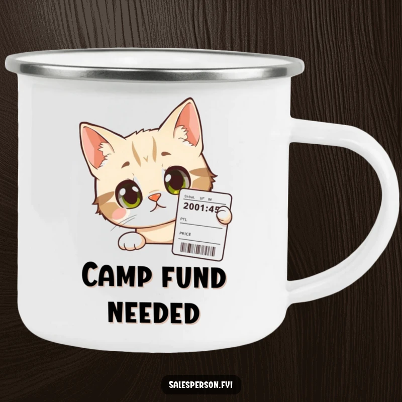 Funny Cat Camping Mug: Curious cat with wide eyes peers at a price tag, perfect for outdoor enthusiasts.