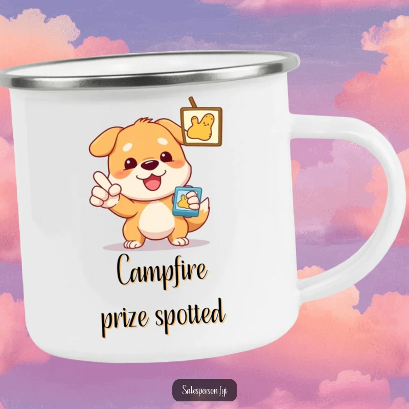 Funny Dog Camping Mug, a dog pointing towards an item, durable and humorous for outdoor trips.