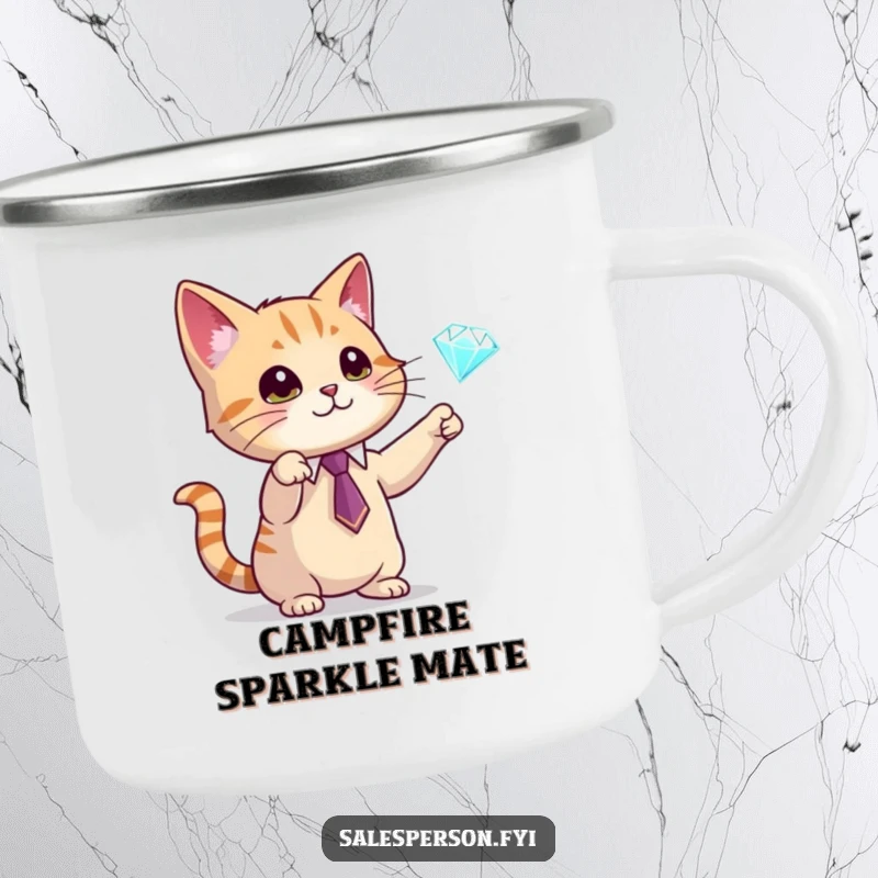 Funny camping mug featuring a cat in a tie gesturing towards a diamond, durable and humorous, perfect funny gift for campers.