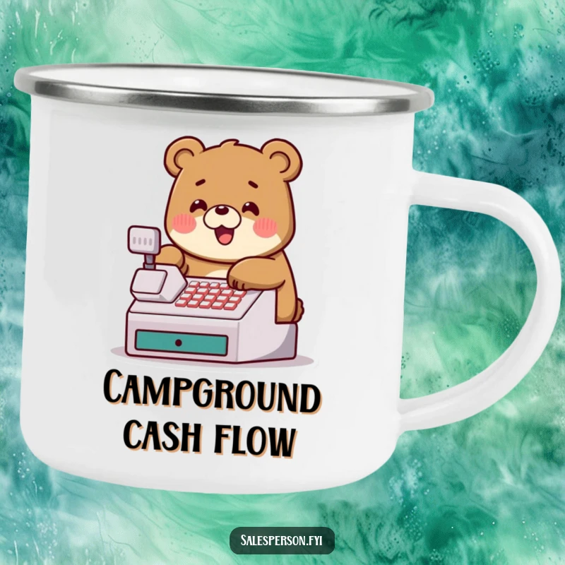 Funny camping mug with a jovial bear tapping a cash register, perfect for outdoor enthusiasts.