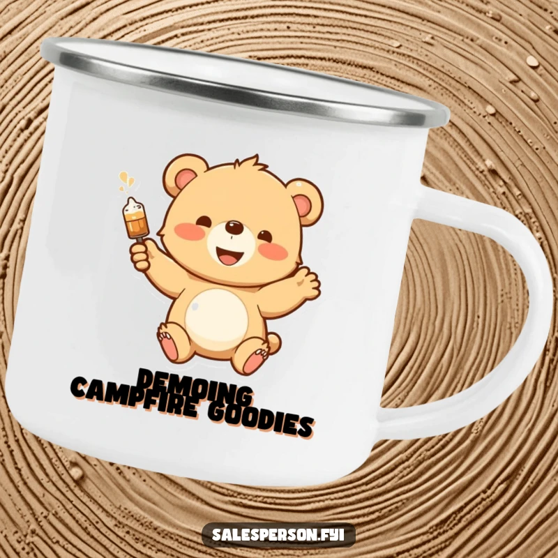 Funny camping mug with a happy bear cub enthusiastically demonstrating a product with a flourish, ideal for outdoor sips.