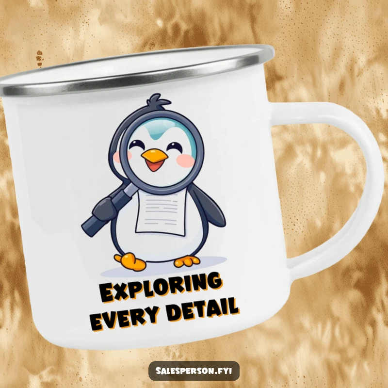Funny camping mug with a joyful penguin holding a large magnifying glass to a document, perfect for outdoor drinks with investigative humor.