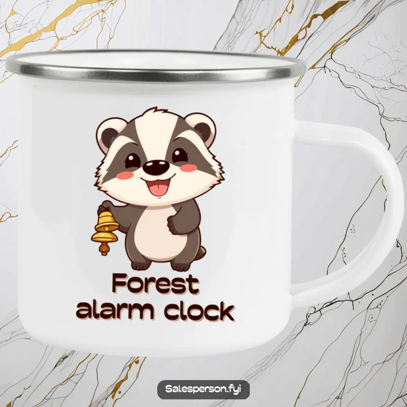 Funny camping mug featuring a cheerful badger ringing a bell, its big grin humorously demanding attention outdoors.