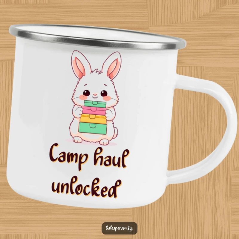 Funny Bunny Camping Mug: A fluffy bunny with a happy nod, displaying colorful boxes, perfect for outdoor enthusiasts.
