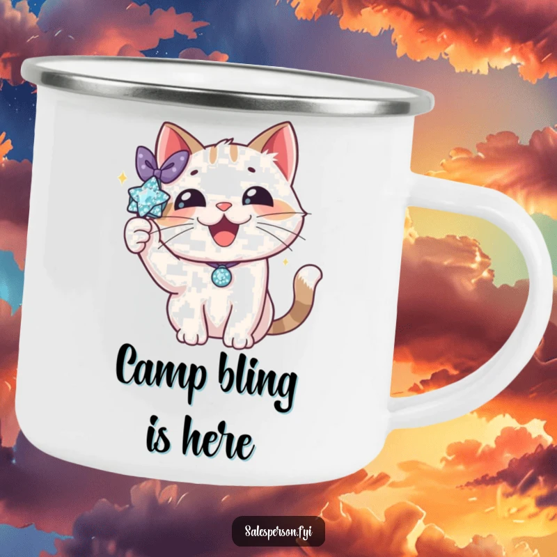 Funny cat camping mug showing a delighted cat proudly displaying a sparkly accessory. Rugged and glamorous drinkware.