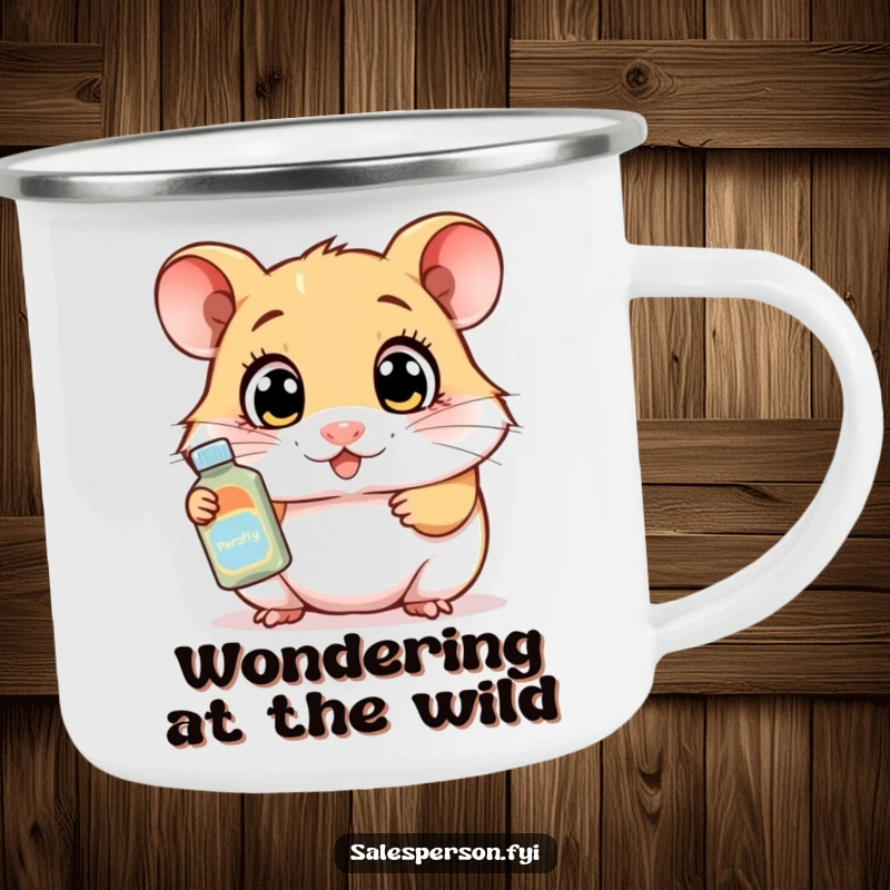 Funny camping mug with a curious hamster demonstrating a product with wide eyes, perfect for outdoor drinks with enthusiastic humor.
