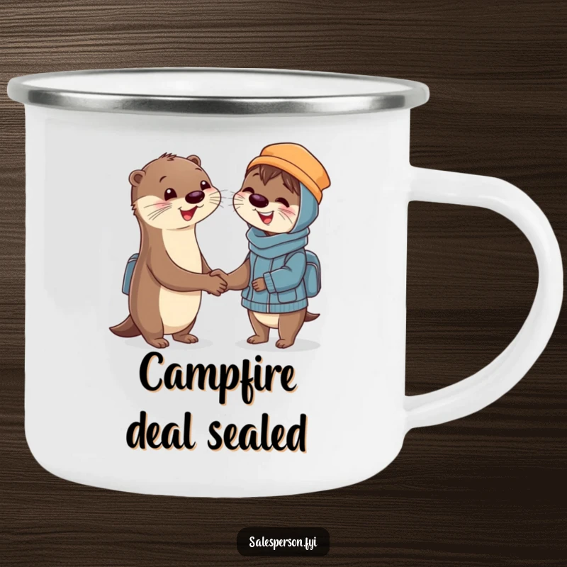 Funny Camping Mug featuring a smiling otter shaking hands with a delighted customer, perfect for enjoying drinks outdoors with a humorous touch.