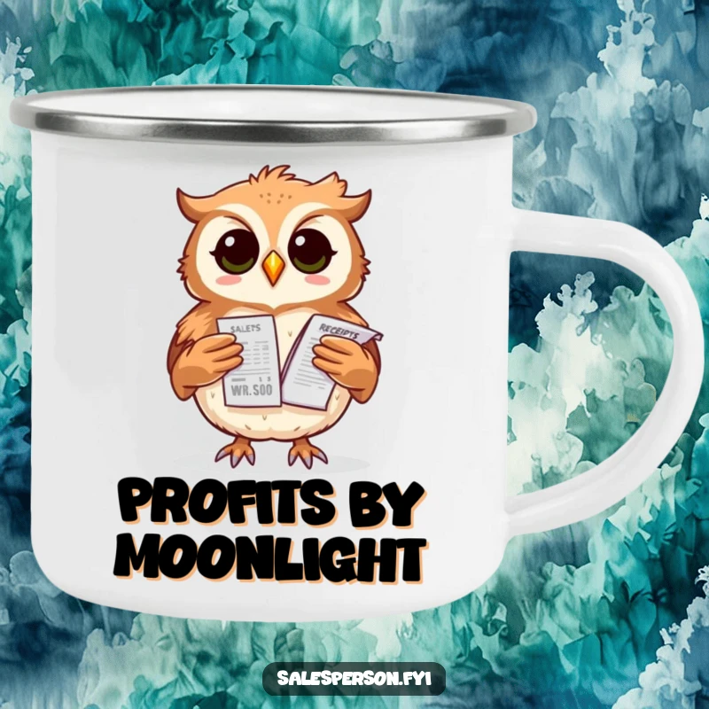 Funny owl camping mug with a proud expression, balancing a stack of sales receipts, perfect for outdoor beverage enjoyment.