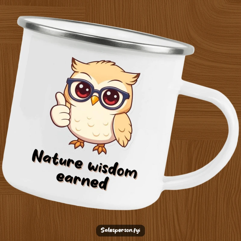 Funny owl in glasses, smiling and giving a thumbs up, printed on a rustic camping mug.