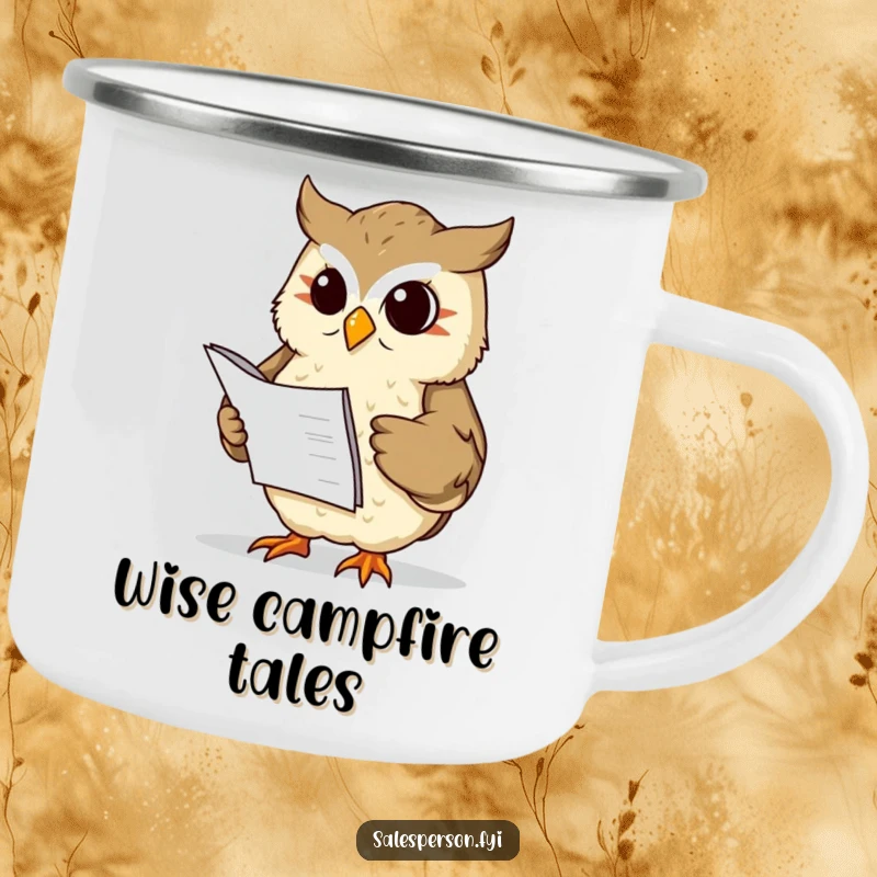 Funny wise owl with a ledger nods sagely on a camping mug, ideal for outdoor wisdom, a funny gift.