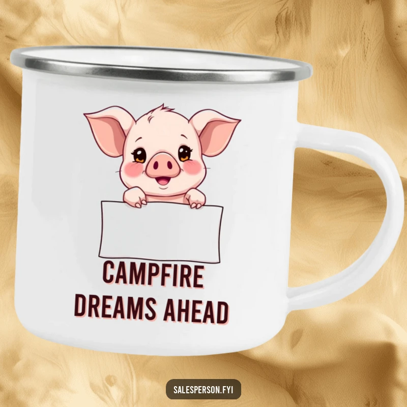 Funny Camping Mug featuring a curious piglet pointing towards a banner with a hopeful look, perfect for enjoying drinks outdoors.