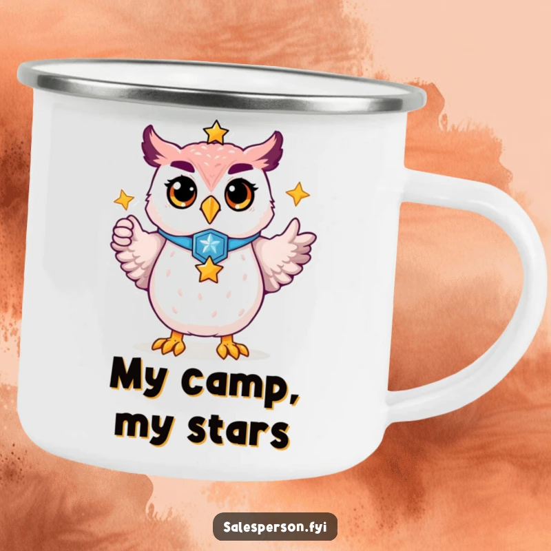 Funny camping mug depicting a proud owl wearing a badge, pointing towards a golden star, suitable for any outdoor expedition.