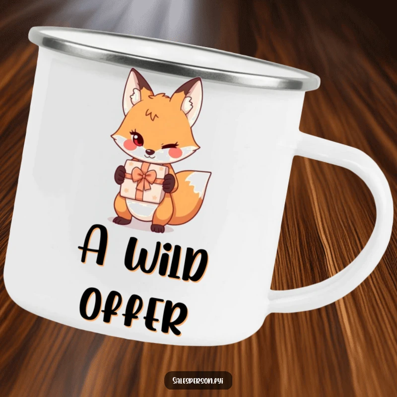 Funny sly fox camping mug with a playful wink and gift box, designed for humorous outdoor enjoyment.