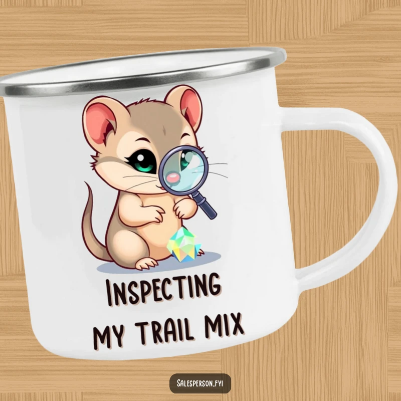 Funny camping mug depicting a sly weasel with a magnifying glass examining a sparkling gem, ideal for outdoor brews and curious moments.