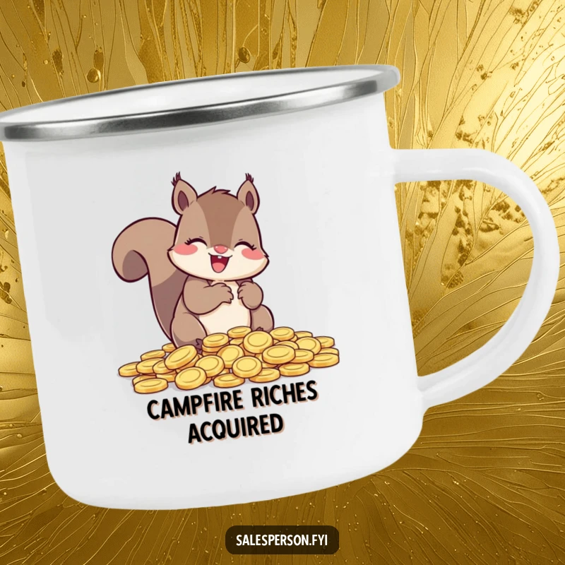 Funny Squirrel Camping Mug, a squirrel counting coins gleefully, durable and humorous for outdoor trips.
