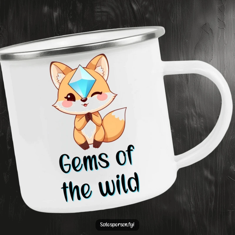 Funny Fox Camping Mug: A charming fox winks holding a sparkling gem, perfect for rugged yet witty adventurers.